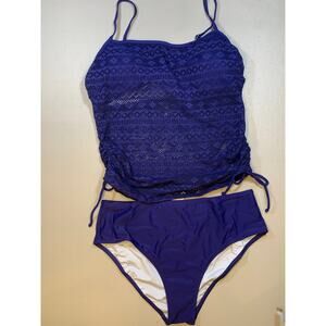 NWT Cupshe Navy Blue Crochet Tankini Swimsuit Set Size Large